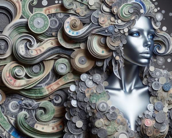 Silver-skinned figure with layered currency hair