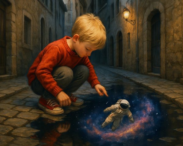 Magical Realism Illustration of Boy and Astronaut in Puddle