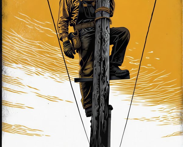 Lineman Working on Utility Pole in Modern Woodcut Style