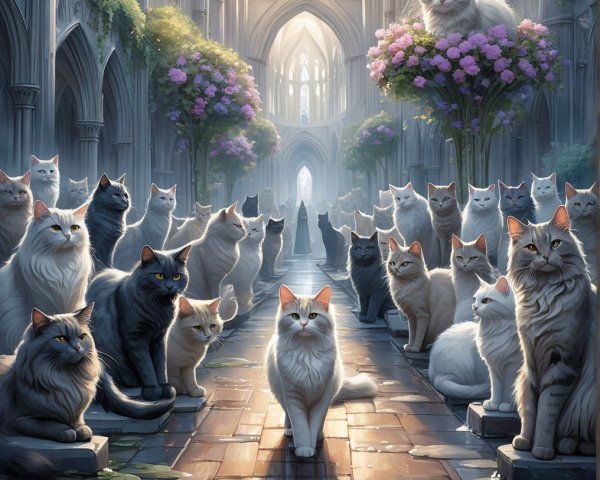 Cats in a Serene Cathedral with Vibrant Flowers