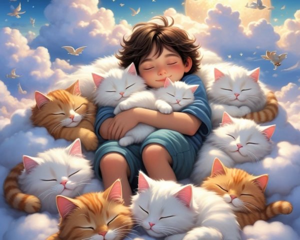 Dreamlike Scene of Boy and Cats Among Clouds