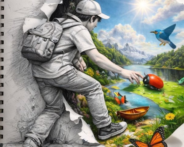 Young man in grayscale entering a colorful fantasy landscape