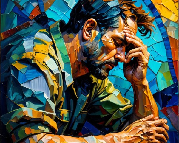 Mosaic Artwork of a Contemplative Man in Abstract Colors