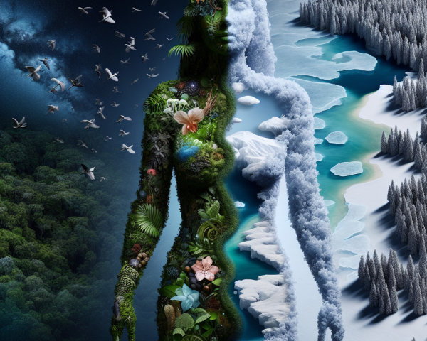 Woman Merging with Nature: Life and Desolation Contrast