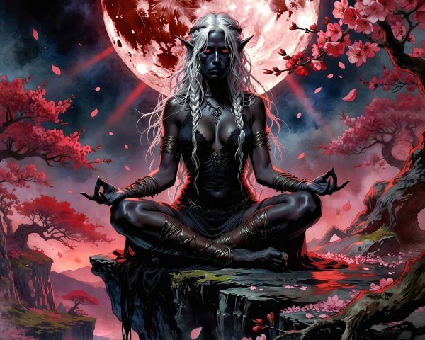 Dark-skinned elf meditating under a red moon
