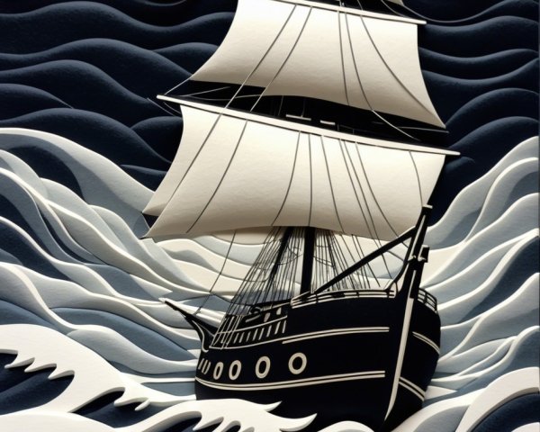 Paper cutout art of a sailing ship on wavy sea