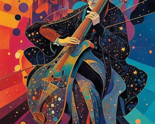 Surreal Illustration of Musician with Starry Instrument