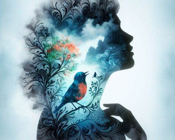 Silhouette of Woman with Nature-Inspired Designs