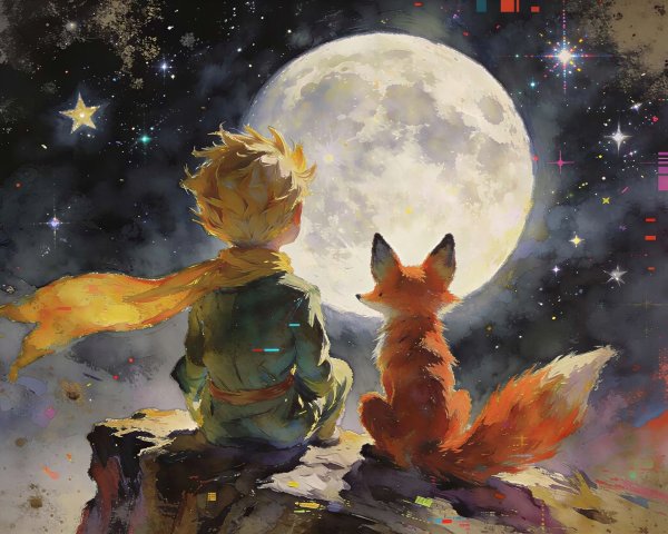 The Little Prince and Fox Under a Starry Night Sky