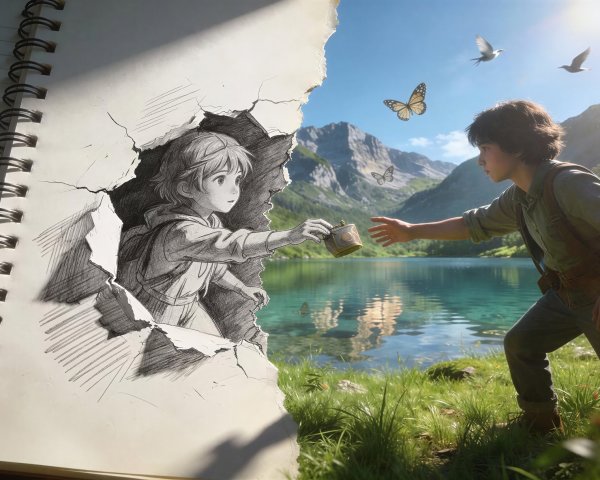 Young man in nature reaching for wooden box by lake