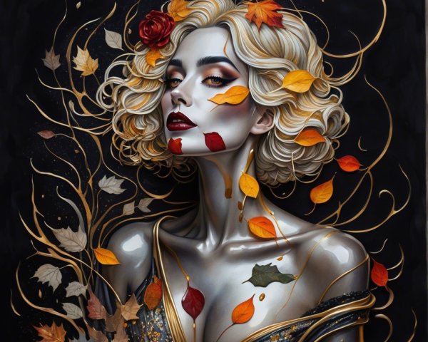 Portrait of a Woman with Blonde Hair and Autumn Decor