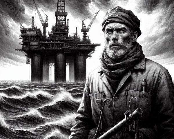 Weathered Man at Oil Rig with Churning Sea and Clouds