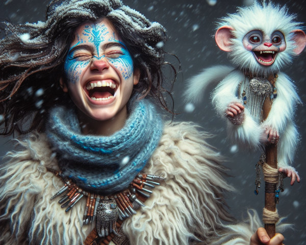 Happy Tribal Shaman Woman in Snowy Landscape