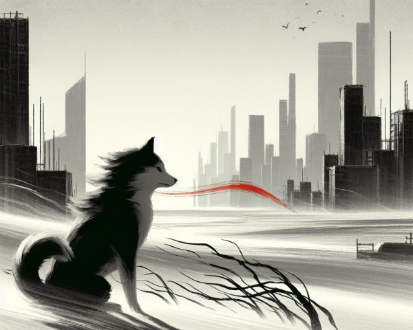 Silhouette of a wolf in a desolate urban landscape