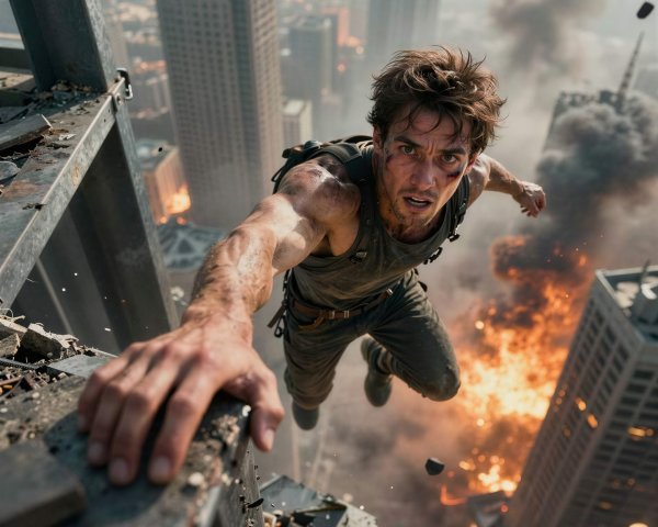 Muscular Man Suspended Over Apocalyptic Cityscape