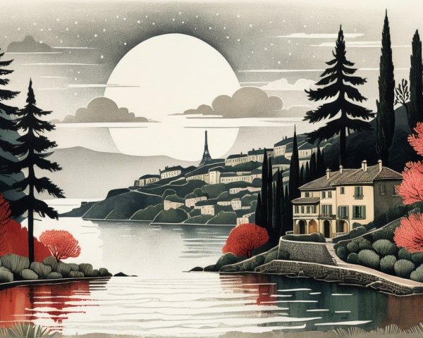 Lakeside House Surrounded by Autumn Foliage and Hills