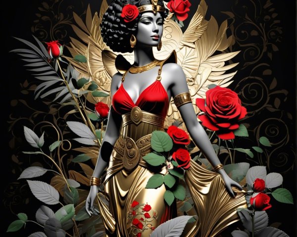 Elegant figure in red and gold dress with wings
