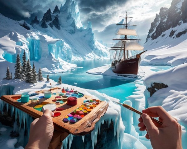 Wooden Palette with Paints Against Arctic Landscape
