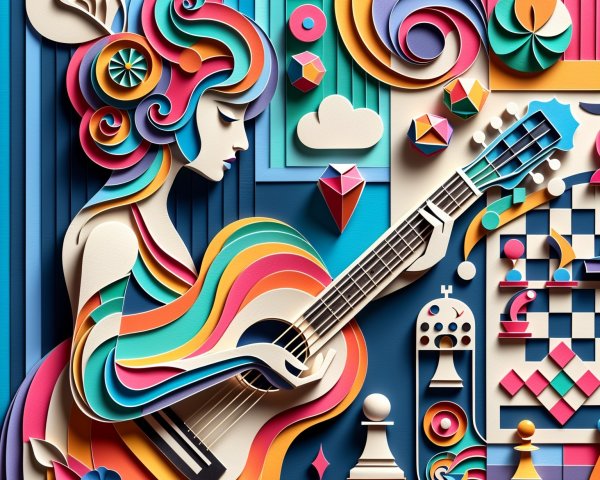 Vibrant Paper Cutout Still Life with Woman and Lute