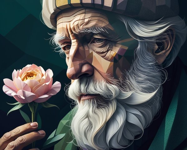 Cubist Digital Painting of an Elderly Man with Flower