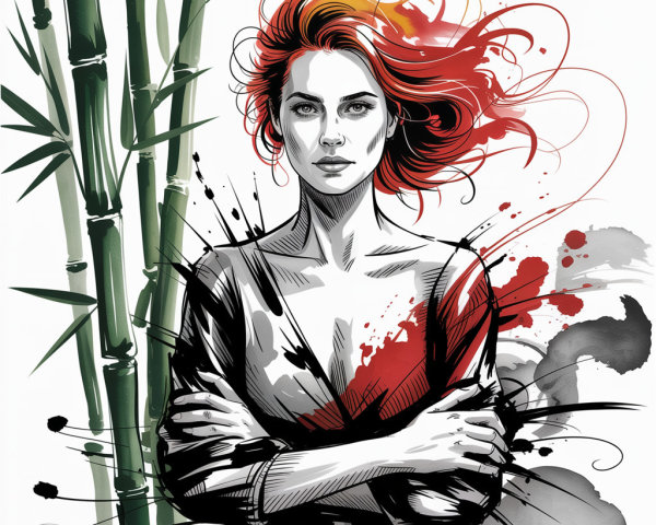 Portrait of a Confident Woman with Red Hair and Bamboo