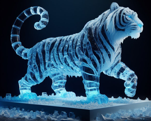 Ice Sculpture of a Tiger with Illuminated Details