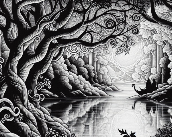 Serene Black-and-White Landscape with Gnarled Tree