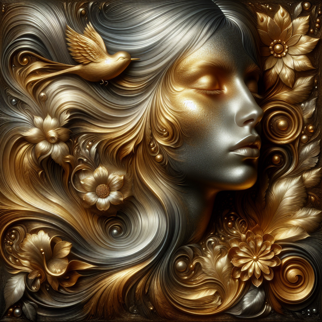Metallic Portrait of a Woman with Floral Elements