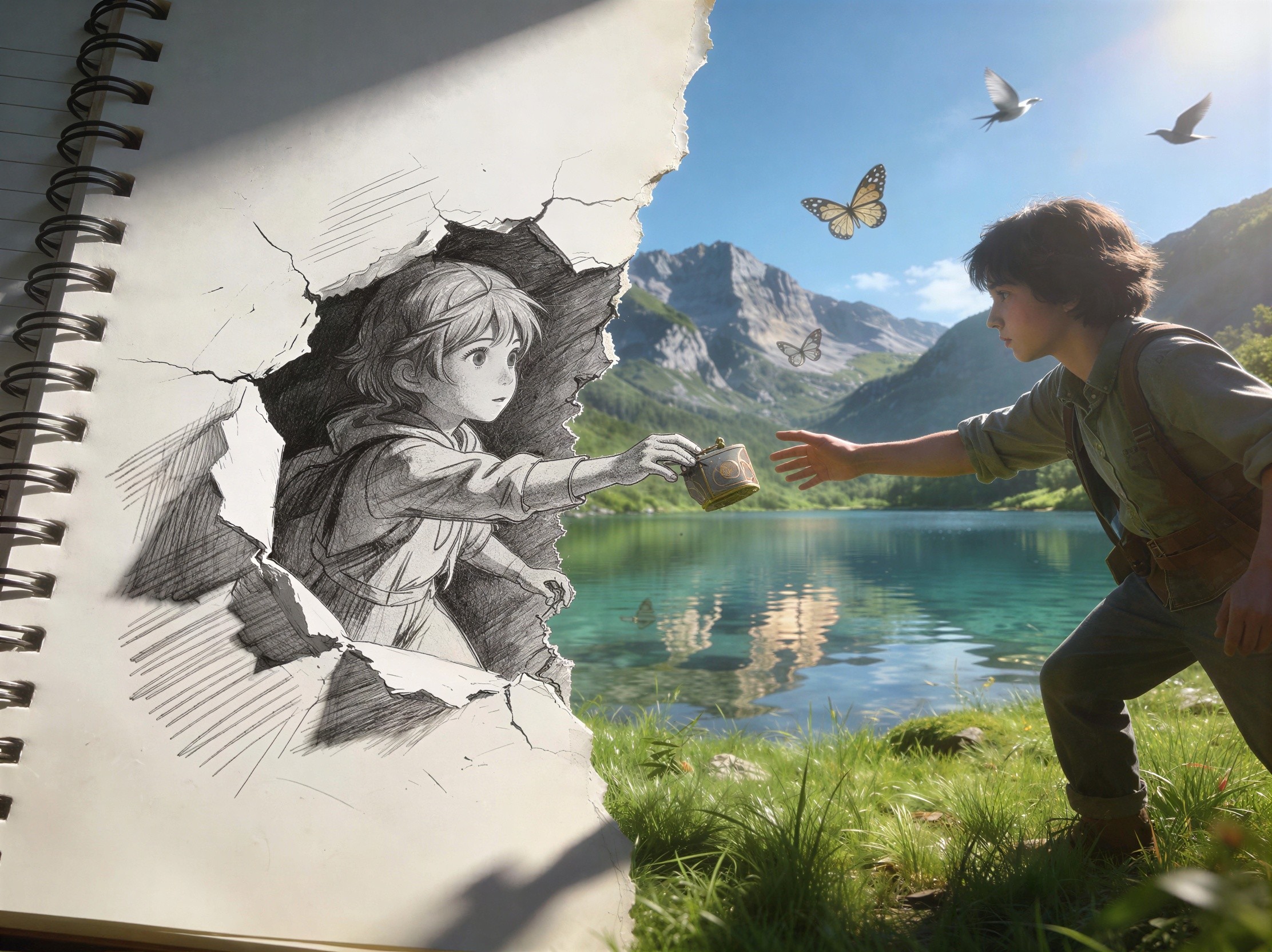 Young man in nature reaching for wooden box by lake