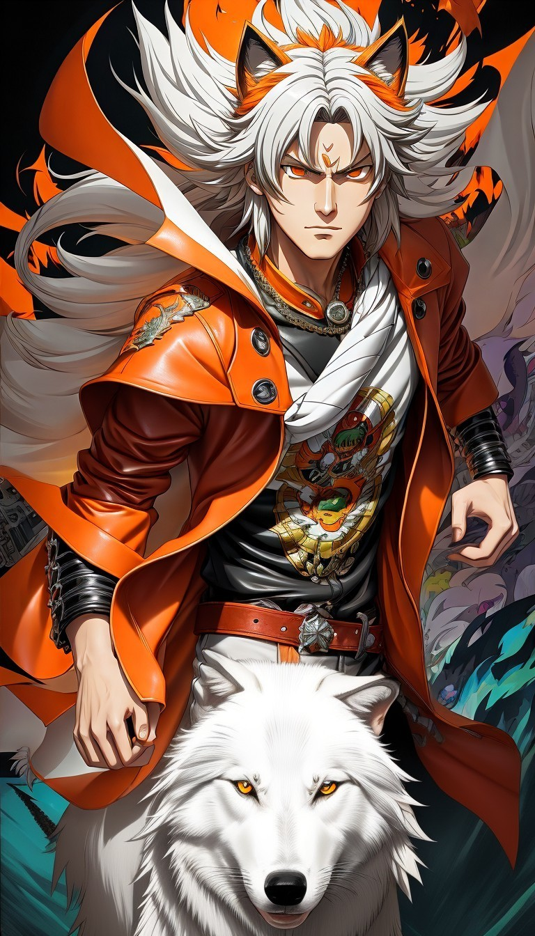 Character with Silver Hair and White Wolf Companion