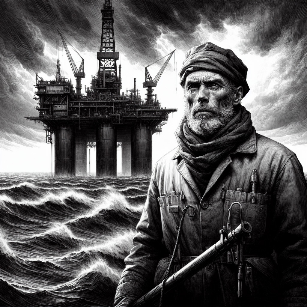 Weathered Man at Oil Rig with Churning Sea and Clouds