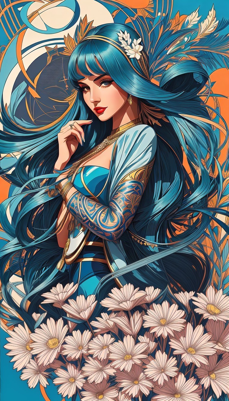 Female figure with blue hair and floral tattoos