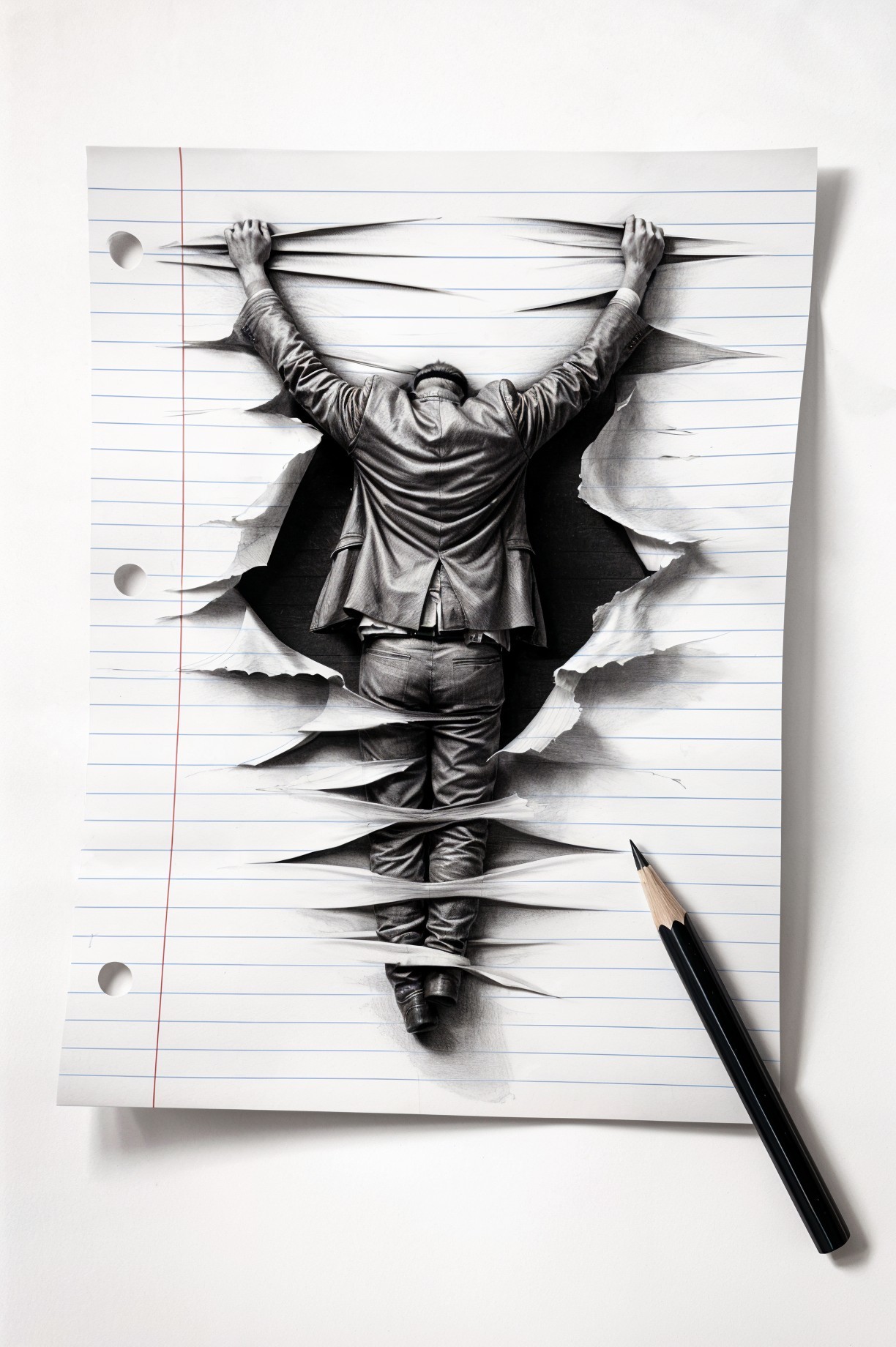 Grayscale Drawing of Man in Suit Tearing Paper