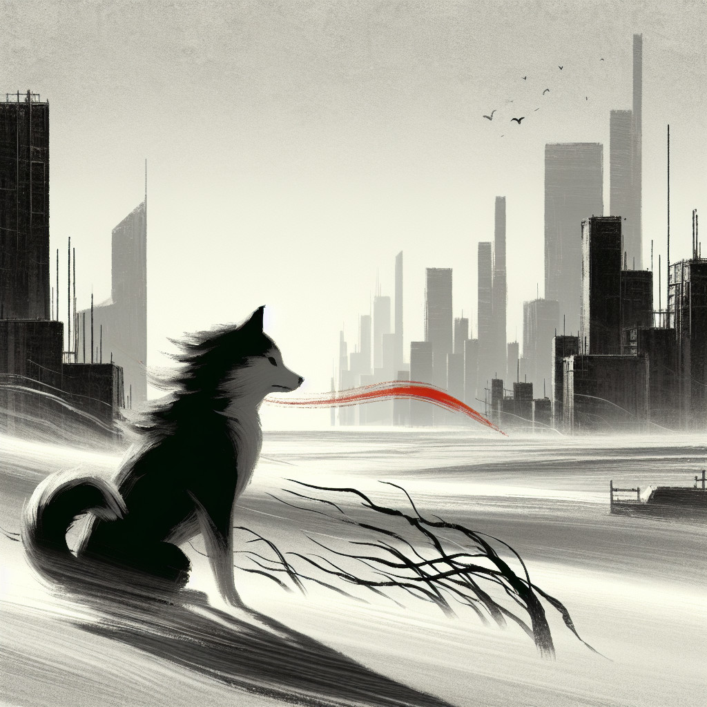 Silhouette of a wolf in a desolate urban landscape
