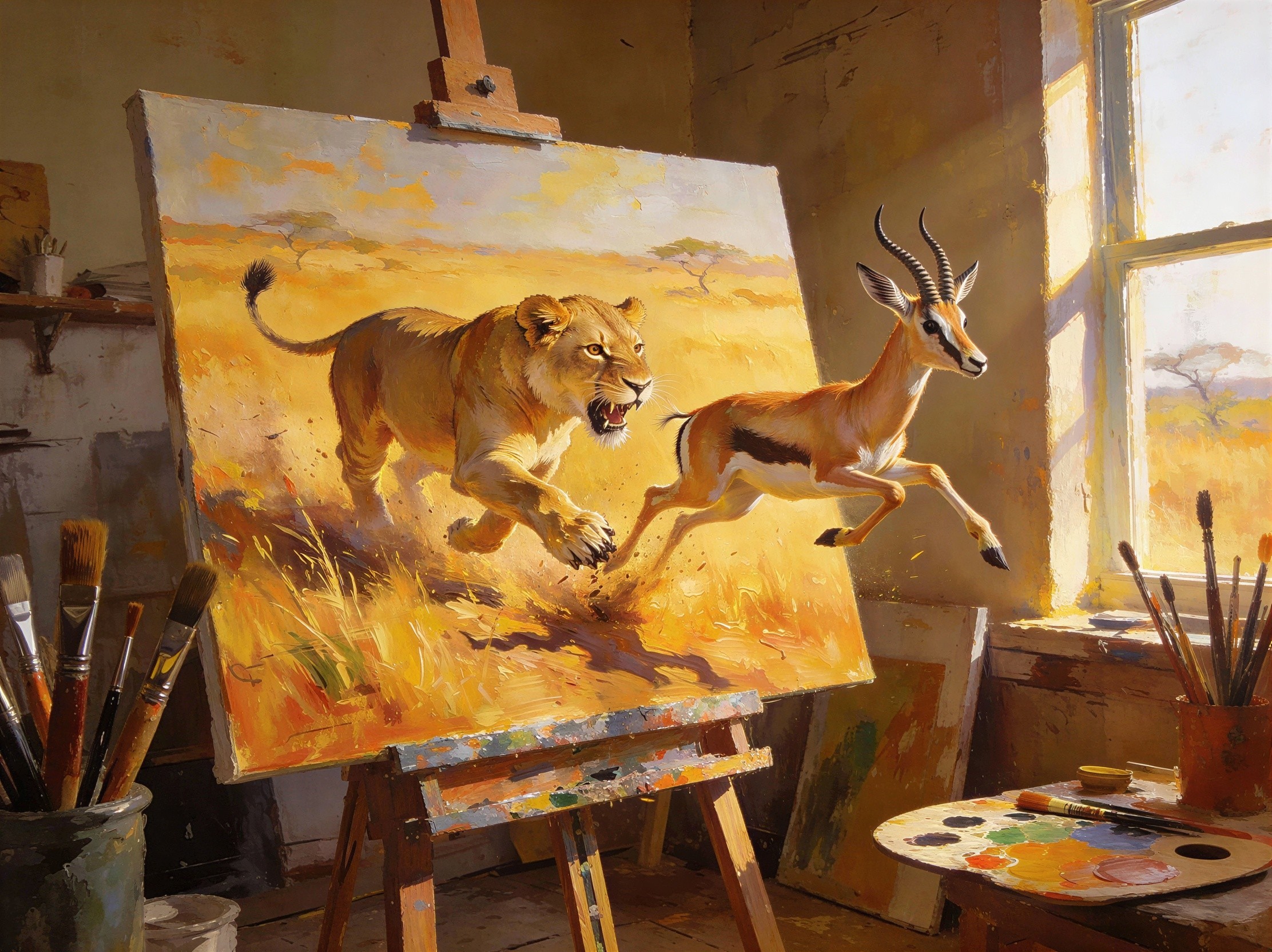 Lion Chasing Gazelle in Artist's Studio Setting