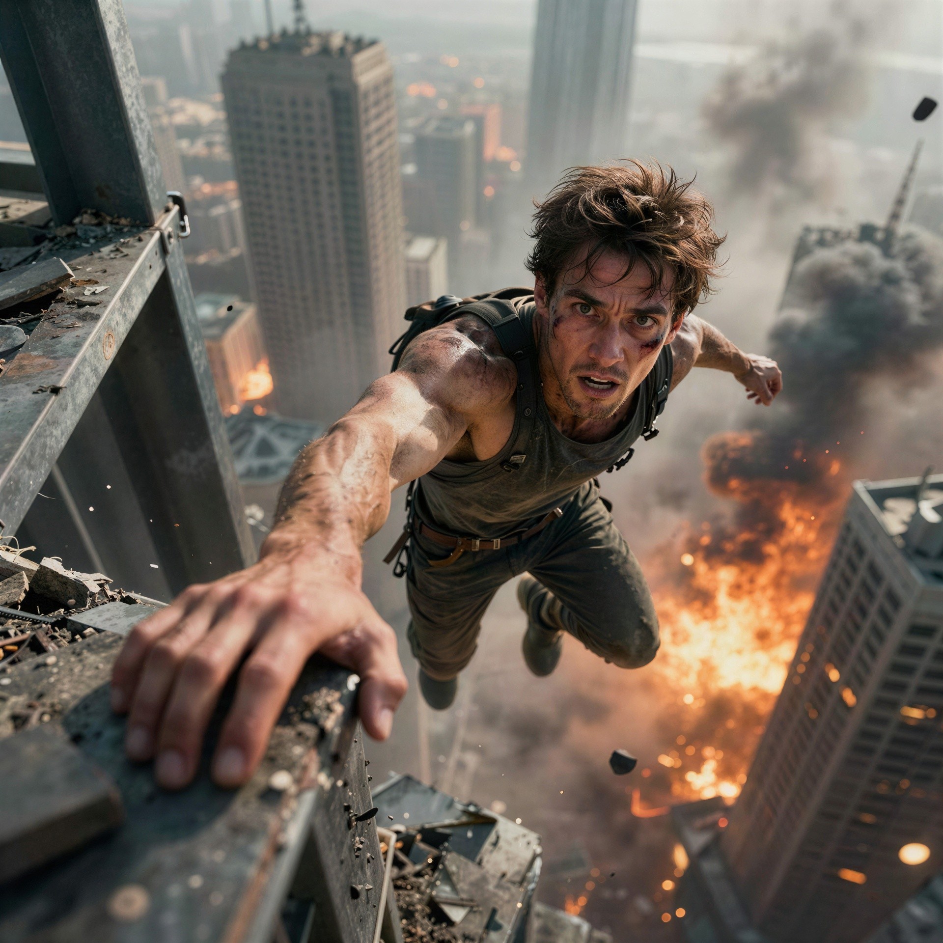 Muscular Man Suspended Over Apocalyptic Cityscape