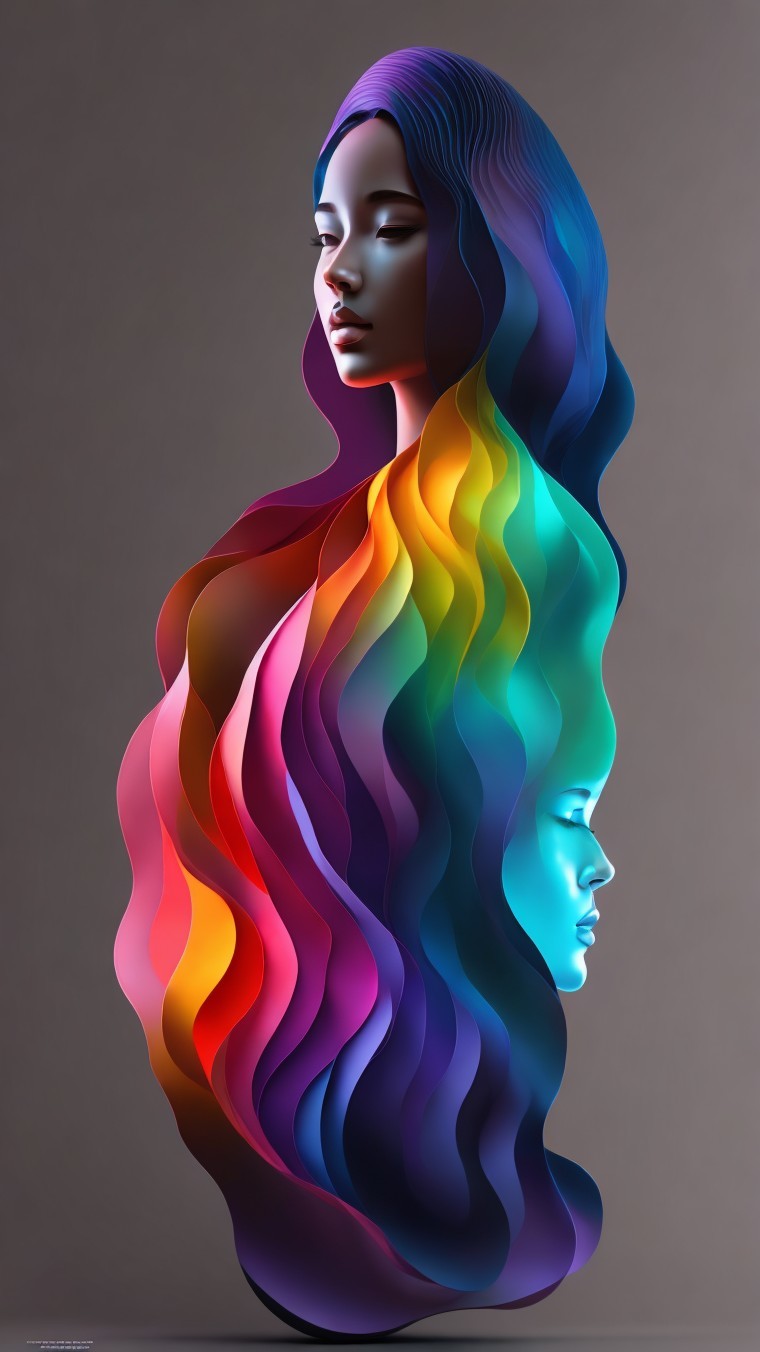Abstract Sculpture of Stylized Human Figure with Colorful Hair