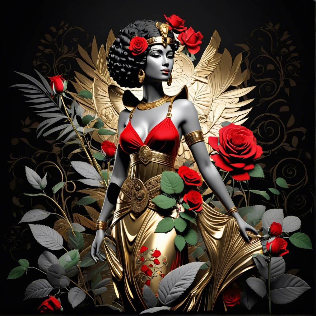 Elegant figure in red and gold dress with wings