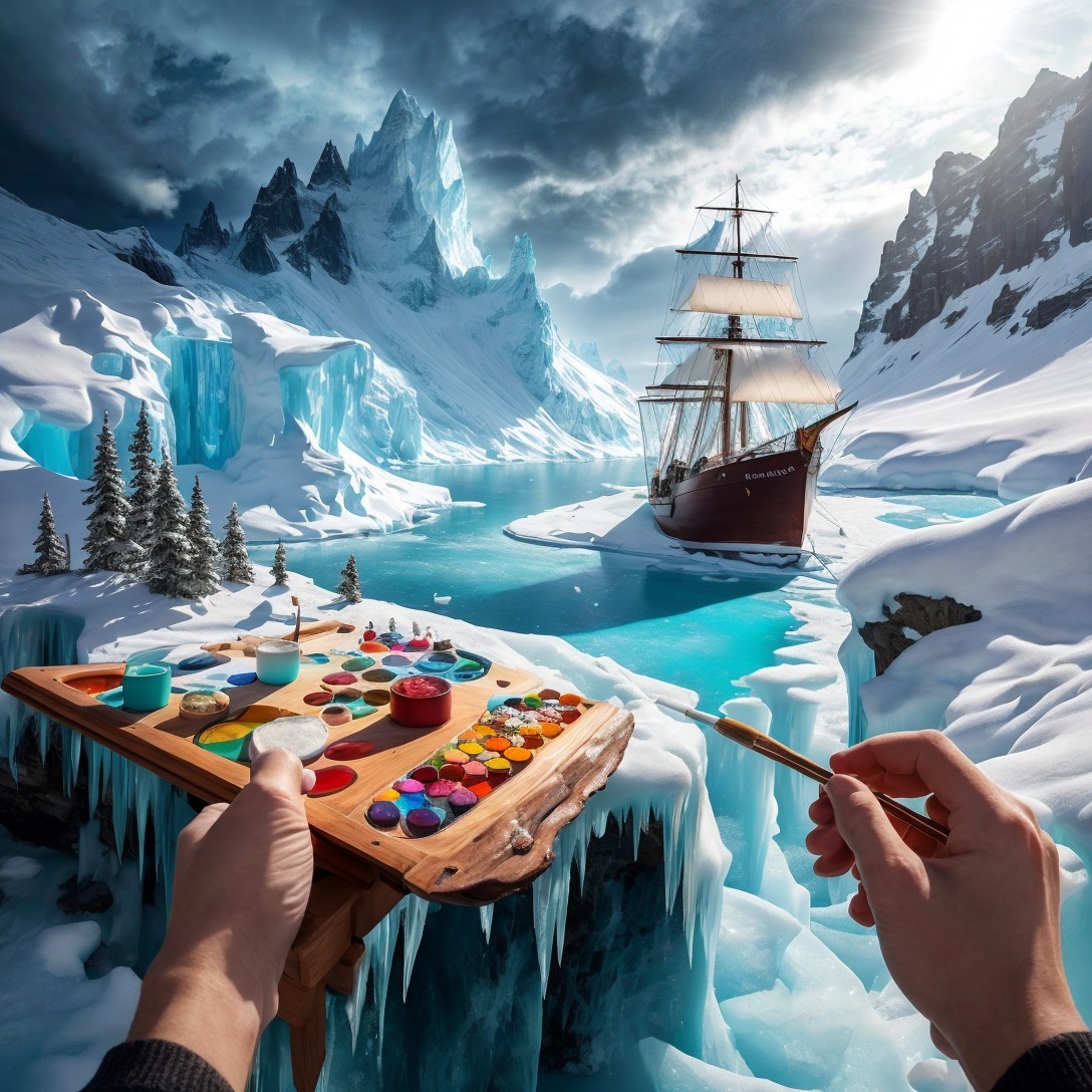 Wooden Palette with Paints Against Arctic Landscape