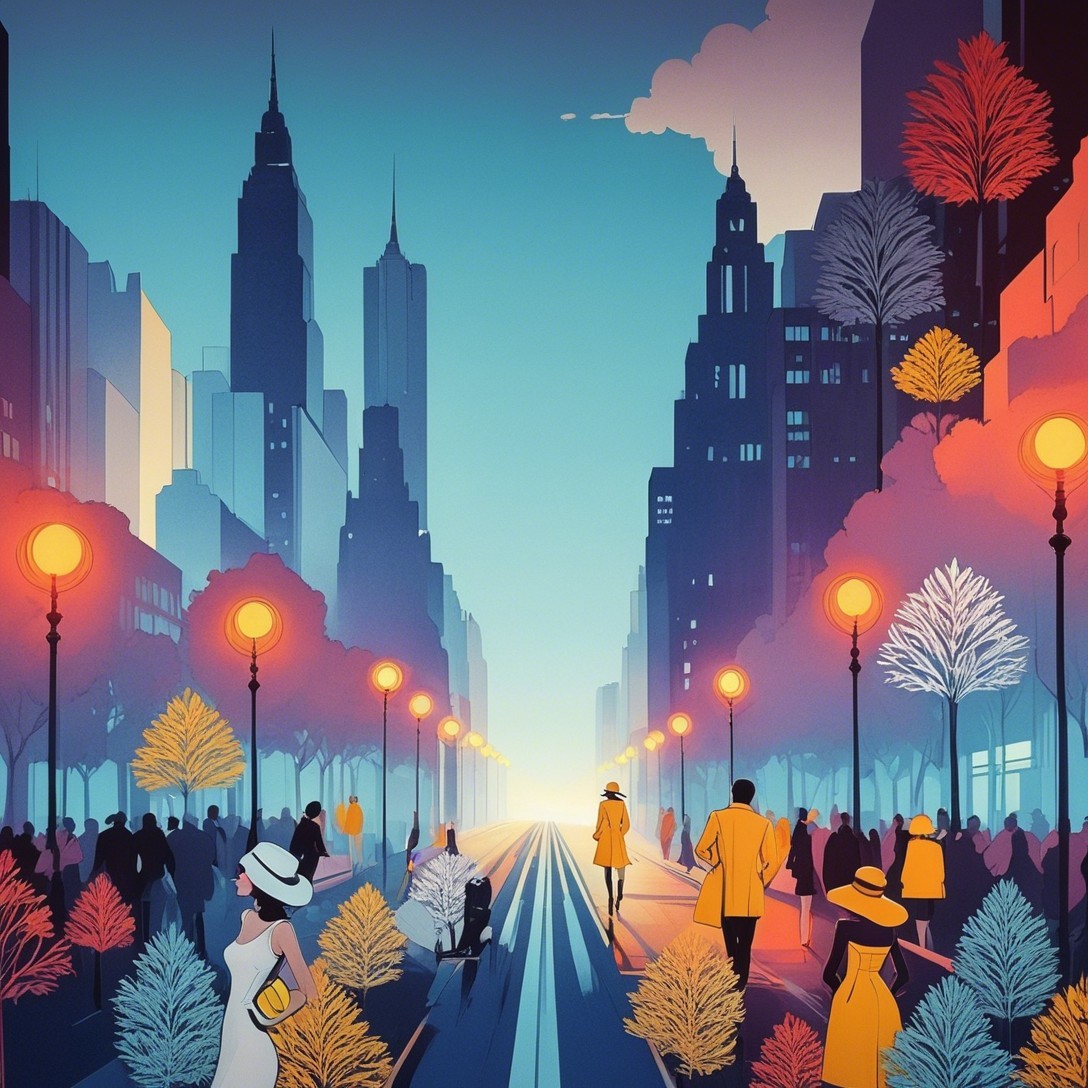 Vibrant Cityscape at Dusk with Autumn Foliage