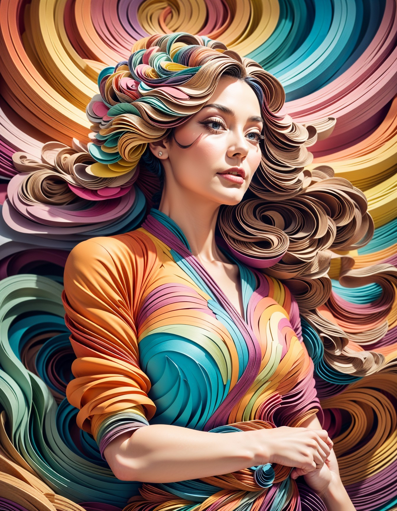 Woman in Colorful Patterns with Intricate Hair Design