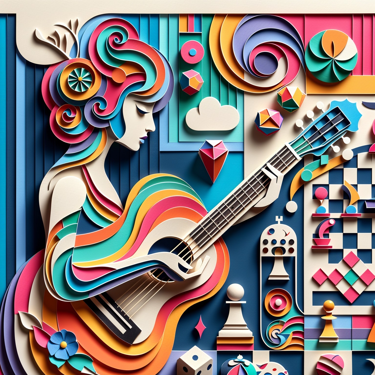 Vibrant Paper Cutout Still Life with Woman and Lute