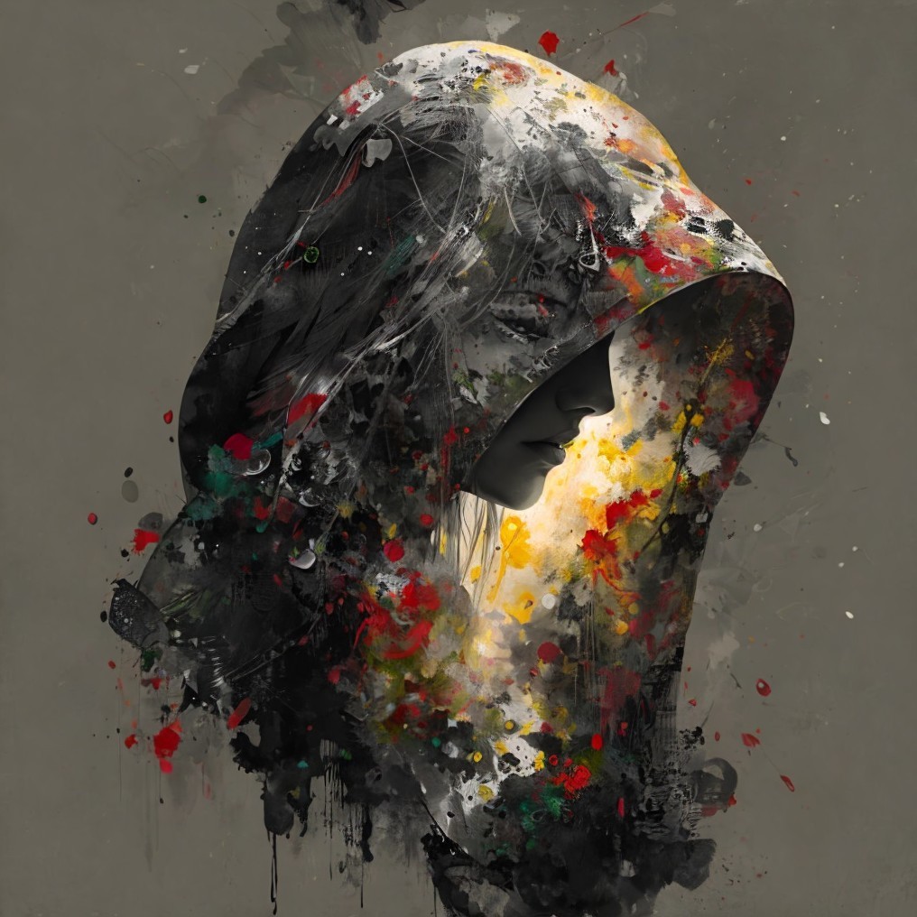 Silhouette in Hood Surrounded by Vibrant Colors