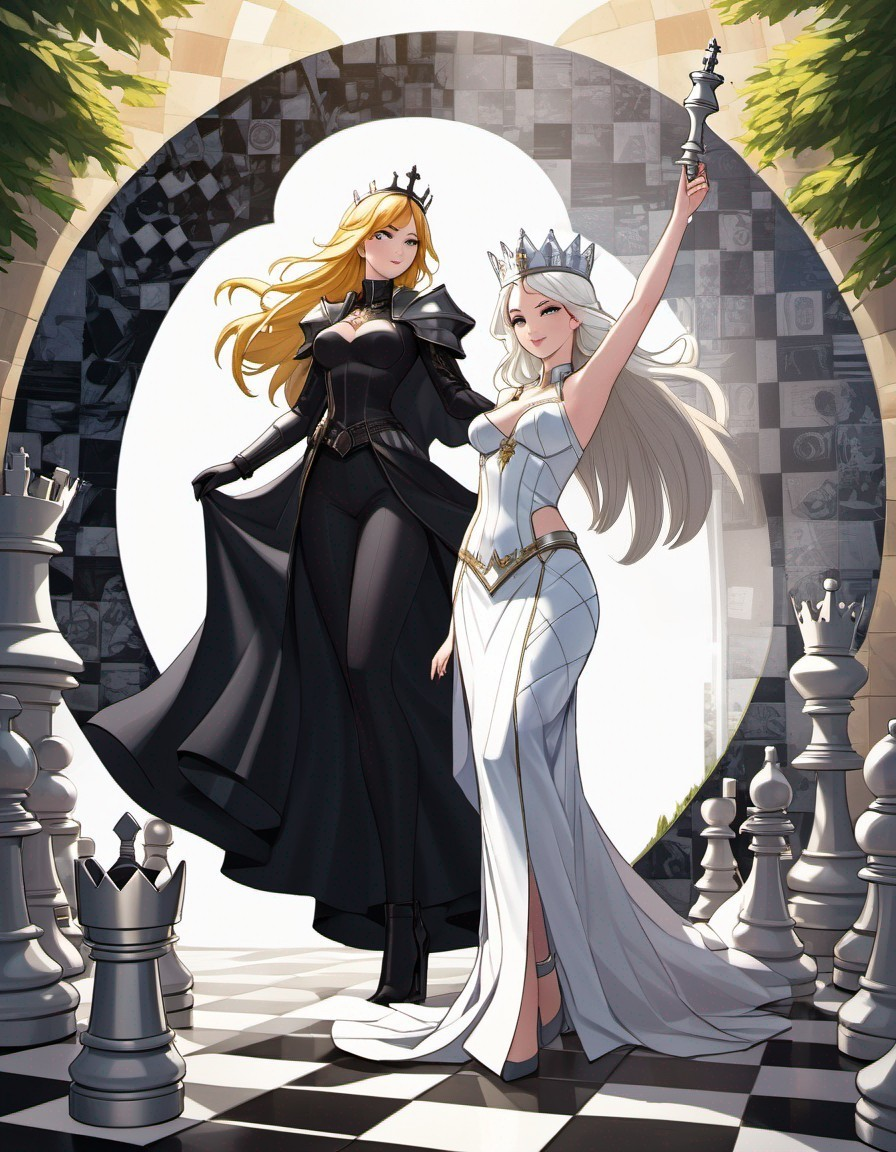 Elegant Queens in a Stylized Chess Scene