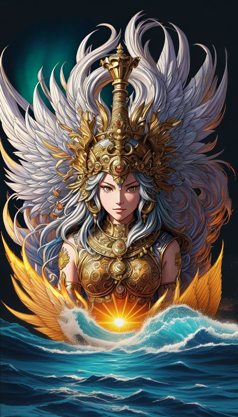 Majestic Figure in Golden Armor with Ocean Background