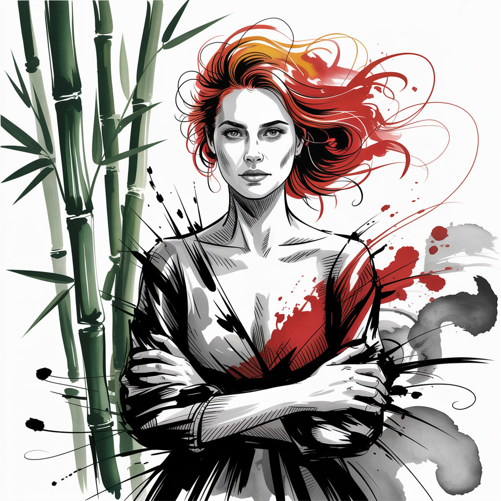 Portrait of a Confident Woman with Red Hair and Bamboo