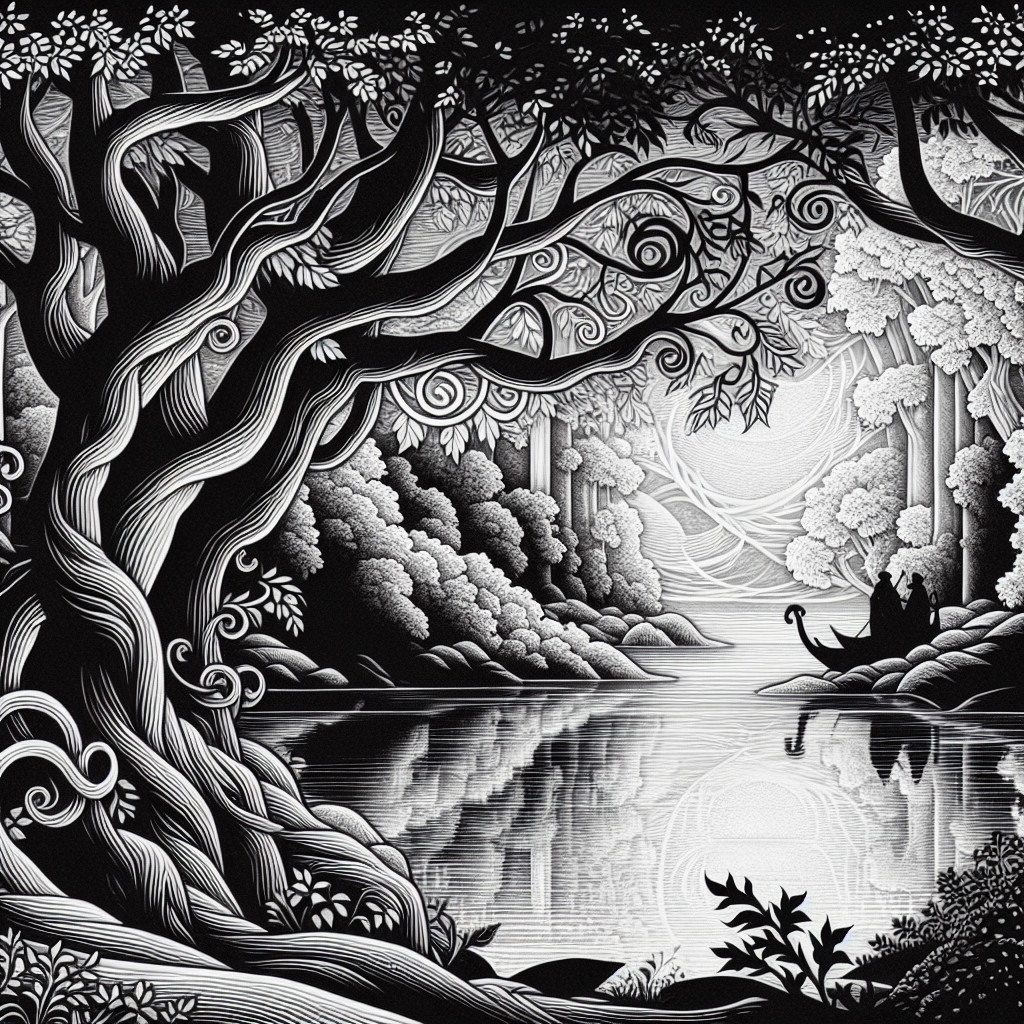 Serene Black-and-White Landscape with Gnarled Tree