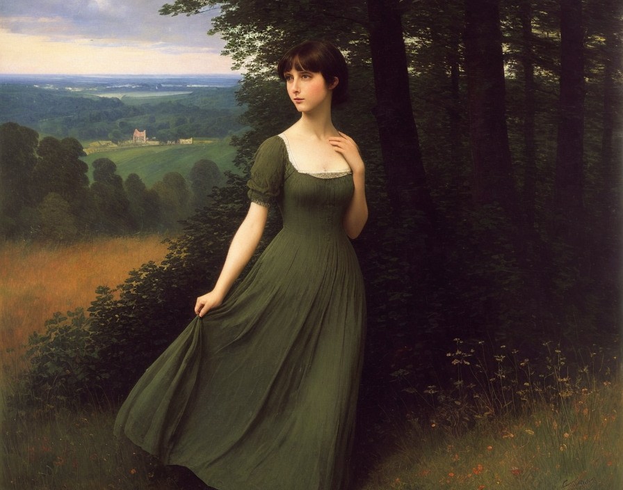 Woman in Green Empire-Waist Dress in Pastoral Landscape