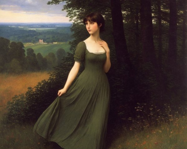 Woman in Green Empire-Waist Dress in Pastoral Landscape