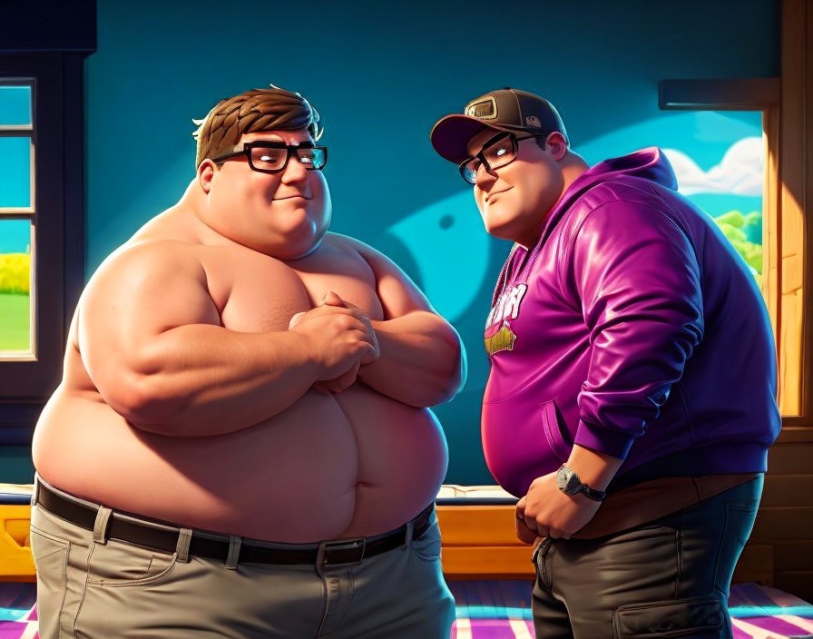 Shirtless animated character and one in purple hoodie indoors.